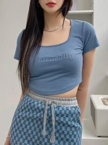 DAZY Camiseta De Cuello De Cuchara Bordada Con Letra - Azul Marino - Ver 4