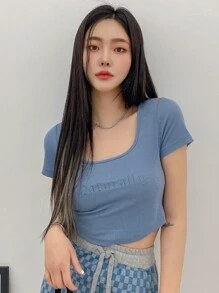 DAZY Camiseta De Cuello De Cuchara Bordada Con Letra - Azul Marino - Ver 5