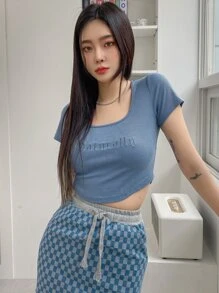 DAZY Camiseta De Cuello De Cuchara Bordada Con Letra - Azul Marino - Ver 6