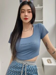 DAZY Camiseta De Cuello De Cuchara Bordada Con Letra - Azul Marino - Ver 7