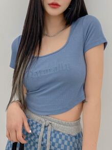 DAZY Camiseta De Cuello De Cuchara Bordada Con Letra - Azul Marino - Ver 8