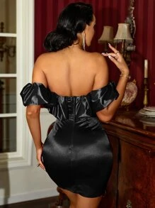 SHEIN SXY Off Shoulder Satin Bodycon Dress - Black - View 2