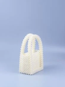 Mini Faux Pearl Beaded Square Bag - Beige - View 2