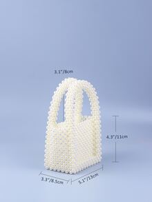 Mini Faux Pearl Beaded Square Bag - Beige - View 5