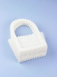 Mini Faux Pearl Beaded Square Bag - Beige - View 6