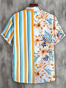 Manfinity Chillmode Men Random Colourful Striped & Tropical Print Patched Pocket Shirt Without Tee - Multicolor - View 2