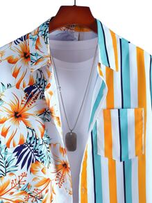 Manfinity Chillmode Men Random Colourful Striped & Tropical Print Patched Pocket Shirt Without Tee - Multicolor - View 4