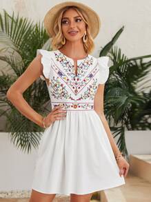 SHEIN VCAY Floral Embroidered Butterfly Sleeve Dress - White - View 1
