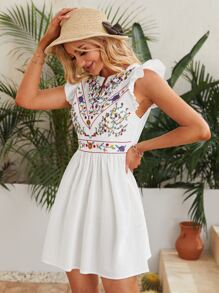 SHEIN VCAY Floral Embroidered Butterfly Sleeve Dress - White - View 3