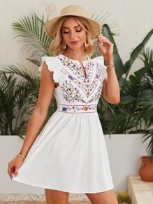 SHEIN VCAY Floral Embroidered Butterfly Sleeve Dress - White - View 5