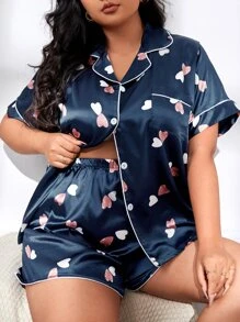 Plus Heart Print Patched Pocket Piping Trim Satin PJ Set - Navy Blue - View 1