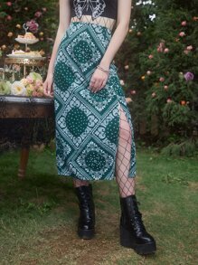 ROMWE Hippie Paisley Print Split Skirt - Green - View 1