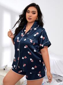 Plus Heart Print Patched Pocket Piping Trim Satin PJ Set - Navy Blue - View 3