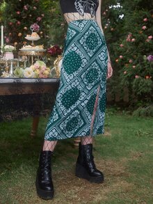 ROMWE Hippie Paisley Print Split Skirt - Green - View 2