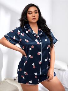 Plus Heart Print Patched Pocket Piping Trim Satin PJ Set - Navy Blue - View 4
