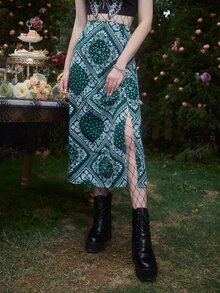 ROMWE Hippie Paisley Print Split Skirt - Green - View 3