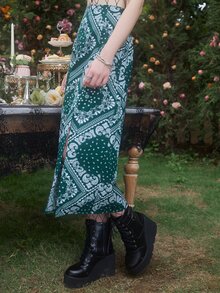 ROMWE Hippie Paisley Print Split Skirt - Green - View 4