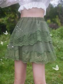 ROMWE Fairycore Swiss Dot Lace Hem Skirt - Army Green - View 1