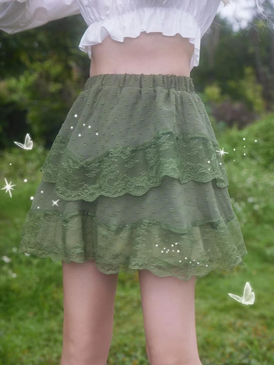 ROMWE Fairycore Swiss Dot Lace Hem Skirt - Army Green - View 1
