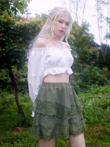 ROMWE Fairycore Swiss Dot Lace Hem Skirt - Army Green - View 2