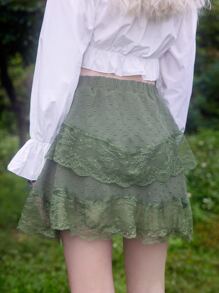 ROMWE Fairycore Swiss Dot Lace Hem Skirt - Army Green - View 3