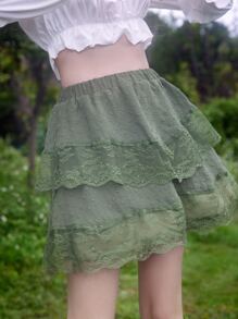 ROMWE Fairycore Swiss Dot Lace Hem Skirt - Army Green - View 5