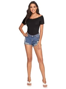 SHEIN Privé Off-The-Shoulder Form-Fitting Black Top - Black - View 7