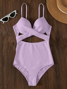 SHEIN Swim Crossover Cut Out One Piece Swimsuit Summer - Lilac Purple - View 5