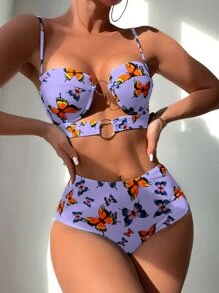 2025 Beach Vacation Butterfly Print Bikini Set, Random Print Pattern, Push Up With Underwire Summer - Multicolor - View 1
