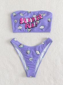 Random Shell & Letter Graphic Tube Bikini For Summer Beach Vacation - Violet Purple - View 5
