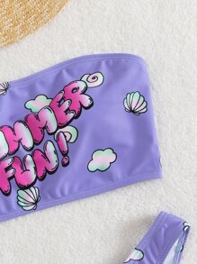 Random Shell & Letter Graphic Tube Bikini For Summer Beach Vacation - Violet Purple - View 6