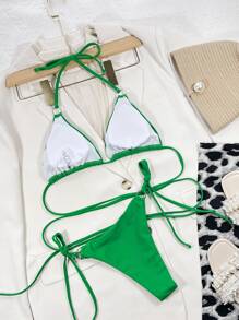 SHEIN Swim 夏季海灘環掛掛脖三角比基尼 - 綠色 - 查看 2