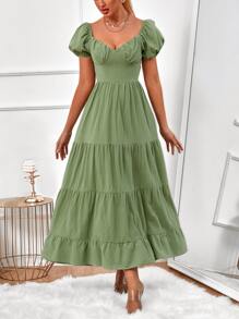Vestido escote corazón pecho con fruncido bajo con fruncido - Verde Oliva - Ver 1