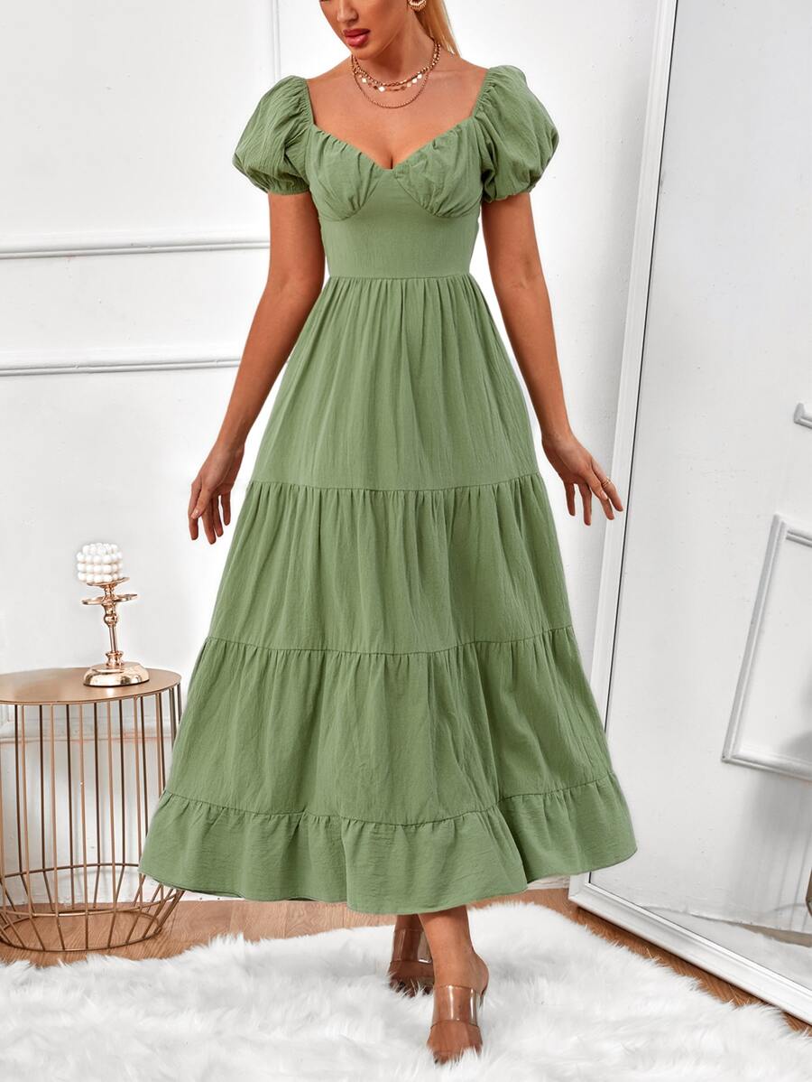 Vestido escote corazón pecho con fruncido bajo con fruncido - Verde Oliva - Ver 1