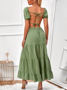 Vestido escote corazón pecho con fruncido bajo con fruncido - Verde Oliva - Ver 2