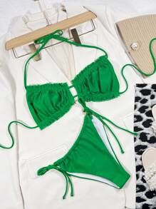 Frill Trim Drawstring Ruched Bikini, For Summer Beach Vacation - Green - View 3