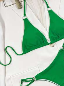 环链三角丁字裤比基尼，适合夏季海滩度假 - 綠色 - 查看 3