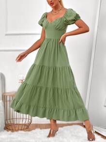 Vestido escote corazón pecho con fruncido bajo con fruncido - Verde Oliva - Ver 3