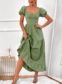 Vestido escote corazón pecho con fruncido bajo con fruncido - Verde Oliva - Ver 4