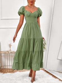 Vestido escote corazón pecho con fruncido bajo con fruncido - Verde Oliva - Ver 5