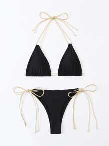 SHEIN Swim Summer Beach Metallic String Bikini Set Halter Triangle Bra & Thong Bottom 2 Piece Bathing Suit - Black - View 3