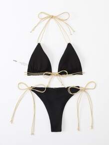 SHEIN Swim Summer Beach Metallic String Bikini Set Halter Triangle Bra & Thong Bottom 2 Piece Bathing Suit - Black - View 4