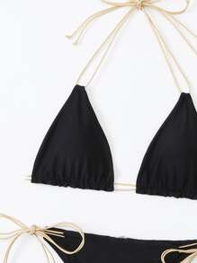 SHEIN Swim Summer Beach Metallic String Bikini Set Halter Triangle Bra & Thong Bottom 2 Piece Bathing Suit - Black - View 7