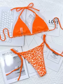 Swim SXY 2 件套 2025 女士豹纹露背系带性感比基尼套装（随机印花）夏季 - 橘色 - 查看 2