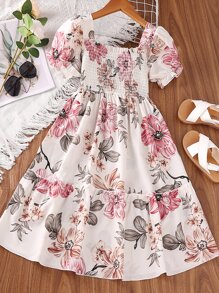 SHEIN 女孩印花打褶泡泡袖褶邊連衣裙 - 白色 - 查看 1