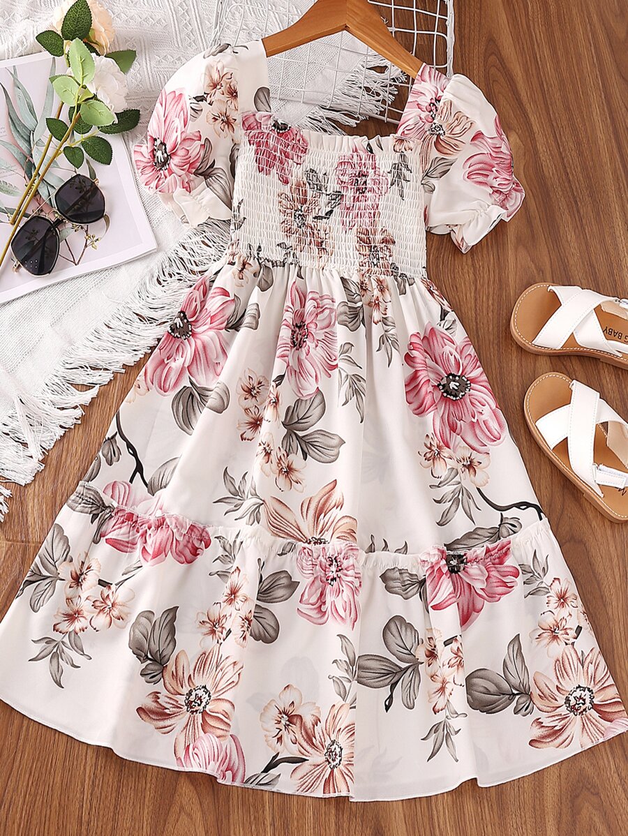 SHEIN 女孩印花打褶泡泡袖褶邊連衣裙 - 白色 - 查看 1