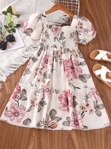 SHEIN 女孩印花打褶泡泡袖褶邊連衣裙 - 白色 - 查看 2