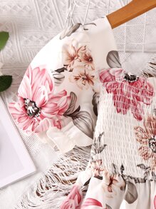 SHEIN 女孩印花打褶泡泡袖褶邊連衣裙 - 白色 - 查看 4