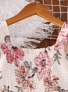 SHEIN 女孩印花打褶泡泡袖褶邊連衣裙 - 白色 - 查看 5