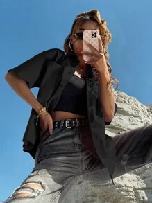 SHEIN Unity Drop Shoulder Curved Hem Shirt - Black - View 4